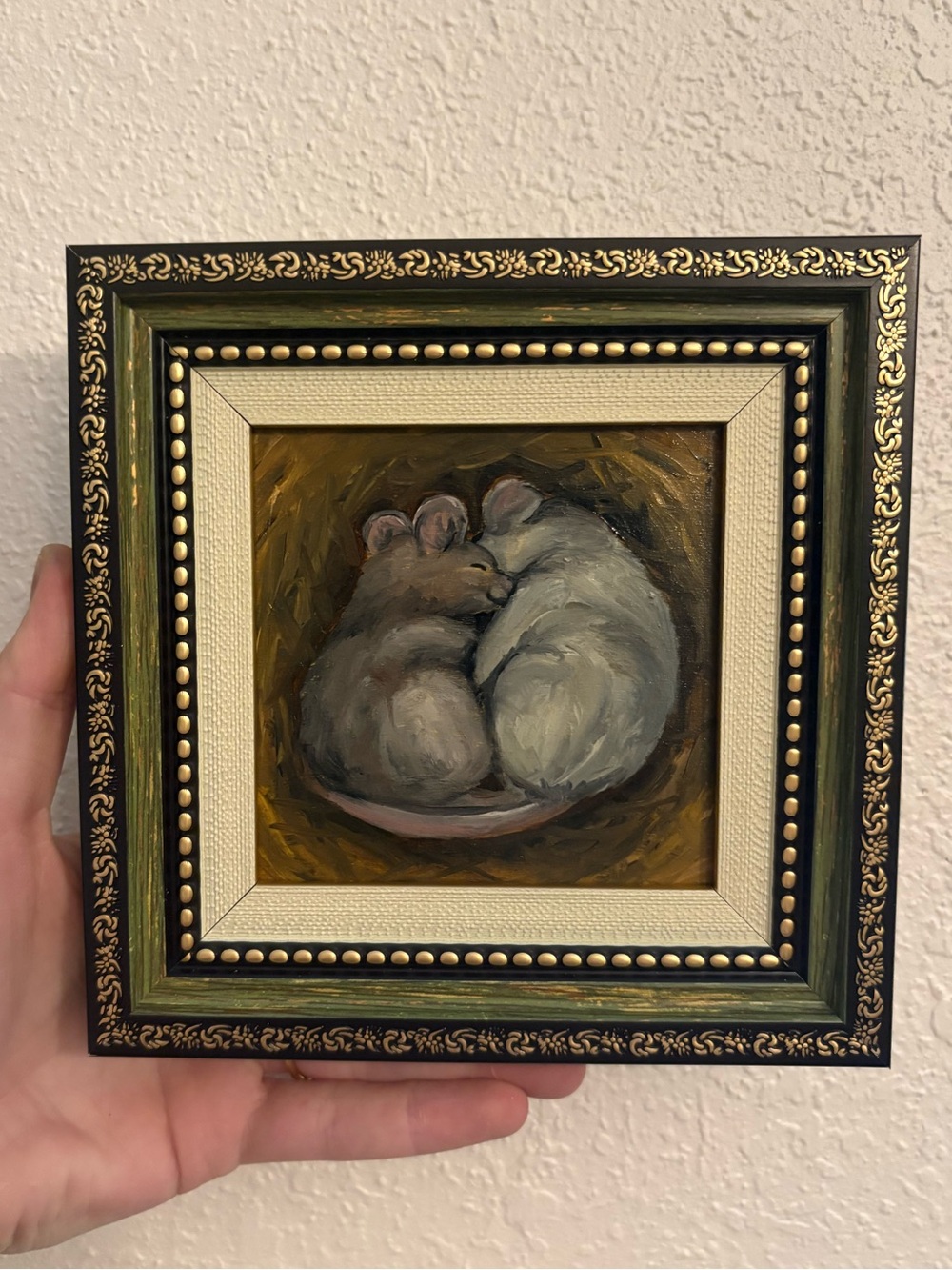 "Together mice” Original oil painting on wood board mini framed 4x4" - Picture 1 of 4